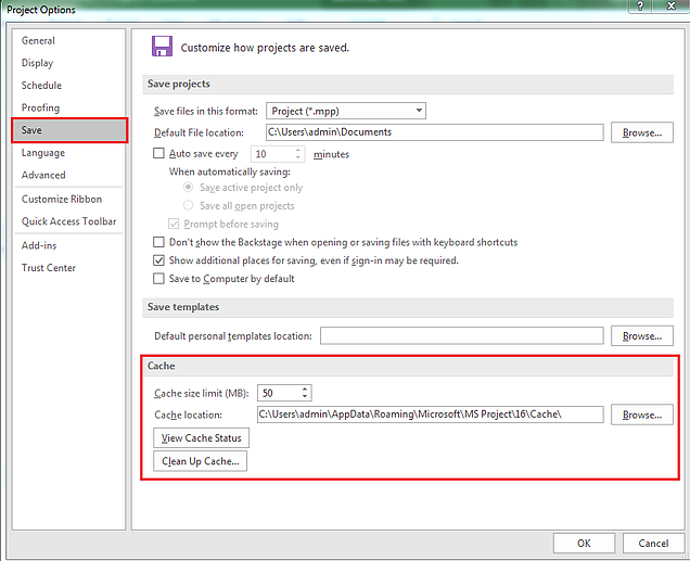 MS Project local cache
